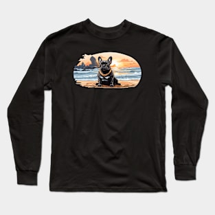 French Bulldog: Relaxing on the Beach Sunset Long Sleeve T-Shirt